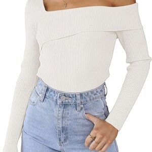 Off-Shoulder Ribbed Long-Sleeve Sweater - White